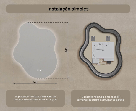 Espelho irregular com iluminação, 74×94 cm, bicolor, interruptor touch, tapete aquecedor #8