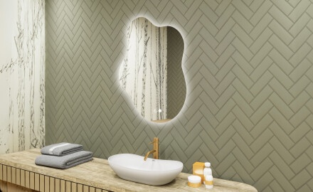 Espelho irregular com iluminação, 74×94 cm, bicolor, interruptor touch, tapete aquecedor