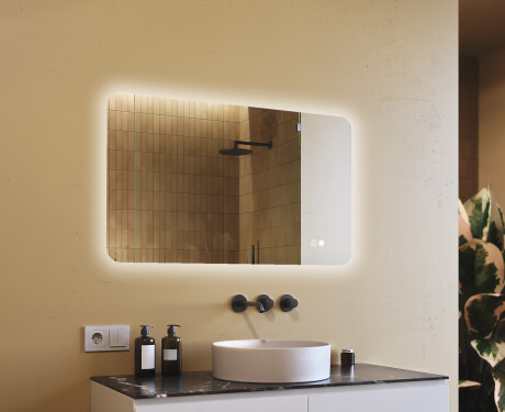 Espelho de banheiro arredondado com iluminação LED, 120×70 cm, bicolor, interruptor touch, tapete aquecedor