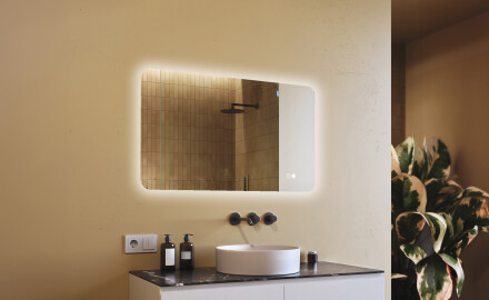 Espelho de banheiro arredondado com iluminação LED, 120×70 cm, bicolor, interruptor touch, tapete aquecedor