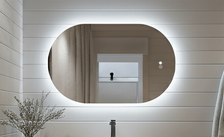 Espelho oval com iluminação LED 80x50/50x80 cm, dupla cor, interruptor tátil, tapete de aquecimento