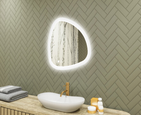 Espelho irregular com iluminação, 64×64 cm, bicolor, interruptor touch, tapete aquecedor