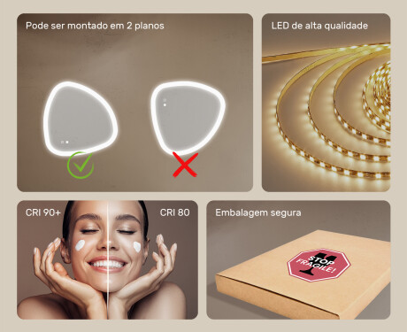 Espelho irregular com iluminação, 64×64 cm, bicolor, interruptor touch, tapete aquecedor #6