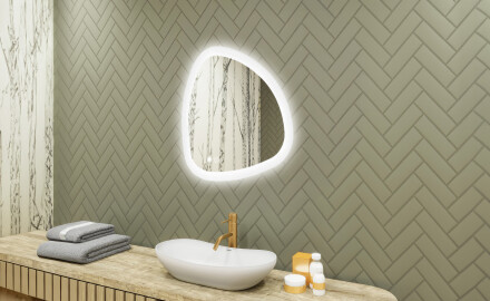 Espelho irregular com iluminação, 64×64 cm, bicolor, interruptor touch, tapete aquecedor