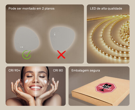 Espelho irregular com iluminação, 64×64 cm, bicolor, interruptor touch, tapete aquecedor #6