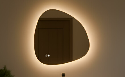 Espelho irregular com iluminação 64×64 cm, dupla cor, interruptor tátil, tapete de aquecimento