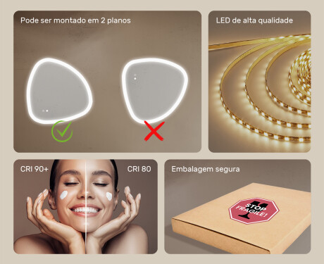 Espelho irregular com iluminação, 74×74 cm, bicolor, interruptor touch, tapete aquecedor #6