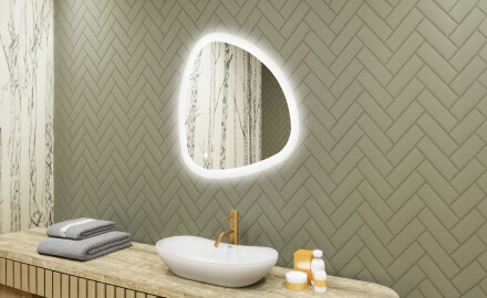 Espelho irregular com iluminação, 74×74 cm, bicolor, interruptor touch, tapete aquecedor