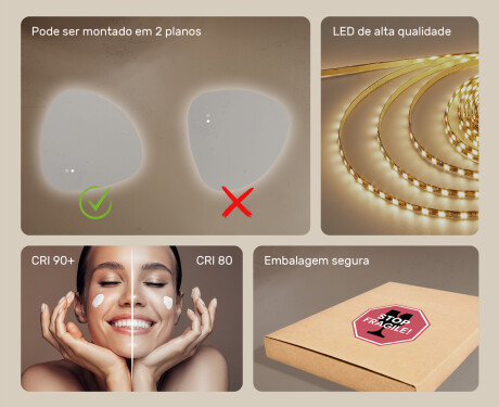 Espelho irregular com iluminação, 74×74 cm, bicolor, interruptor touch, tapete aquecedor #6