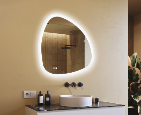 Espelho irregular com iluminação, 94×94 cm, bicolor, interruptor touch, tapete aquecedor