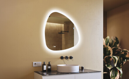 Espelho irregular com iluminação, 94×94 cm, bicolor, interruptor touch, tapete aquecedor