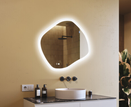 Espelho de banheiro com iluminação, 104×94 cm, bicolor, interruptor touch, tapete aquecedor