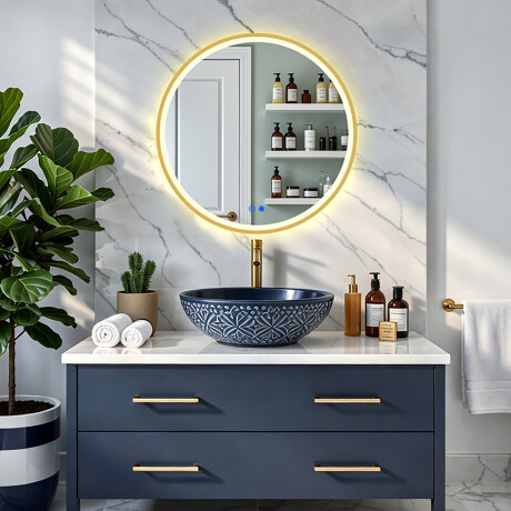 Espelho redondo LED em moldura dourada de alumínio #8