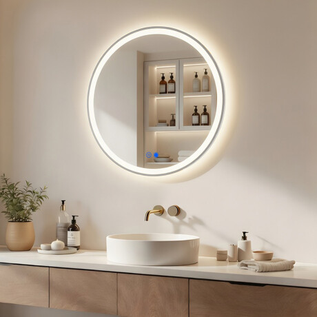 Espelho redondo com iluminação LED - 60/80 cm em moldura prateada de alumínio #1