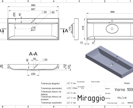 Lavatório VARNA 1000 MIRASOFT