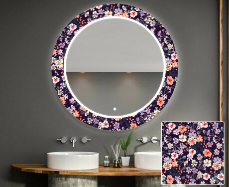 Espelho Decorativo Redondo Com Iluminação Led Para Casa De Banho - Elegant Flowers