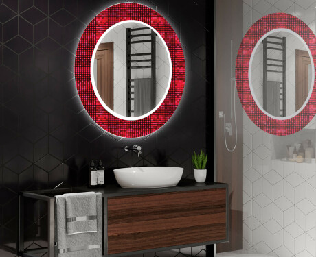 Espelho Decorativo Redondo Com Iluminação Led Para Casa De Banho - Red Mosaic #2