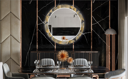 Espelho Decorativo Redondo Com Iluminação LED Para Sala De Jantar - Golden Leaves