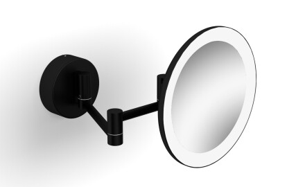 Espelho de maquilhagem com ampliação de 3x, redondo, com iluminação LED de cor quente/fria, inclinável, braço duplo articulado / preto mate