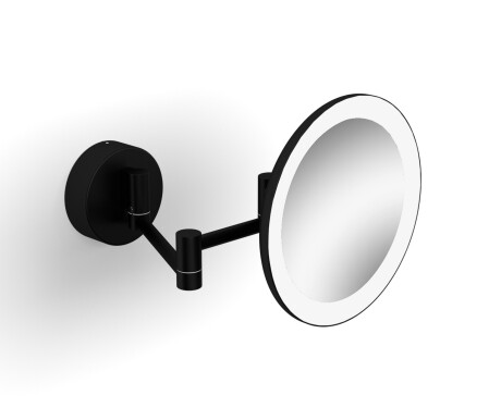 Espelho de maquilhagem com ampliação de 3x, redondo, com iluminação LED de cor quente/fria, inclinável, braço duplo articulado / preto mate