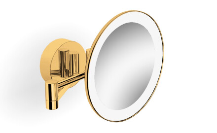 Espelho de maquilhagem com ampliação de 3x, redondo, com iluminação LED de cor quente/fria, inclinável, braço duplo articulado / dourado brilhante