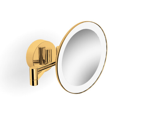Espelho de maquilhagem com ampliação de 3x, redondo, com iluminação LED de cor quente/fria, inclinável, braço duplo articulado / dourado brilhante
