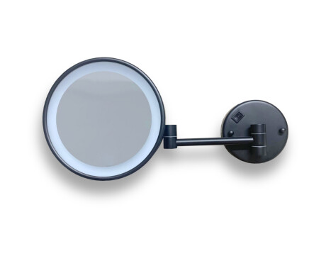 Espelho de maquilhagem com ampliação de 3x, redondo, com iluminação LED de cor neutra, inclinável, braço duplo articulado / preto mate