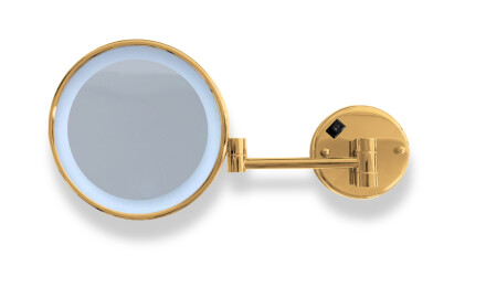 Espelho de maquilhagem com ampliação de 3x, redondo, com iluminação LED de cor neutra, inclinável, braço duplo articulado / dourado brilhante