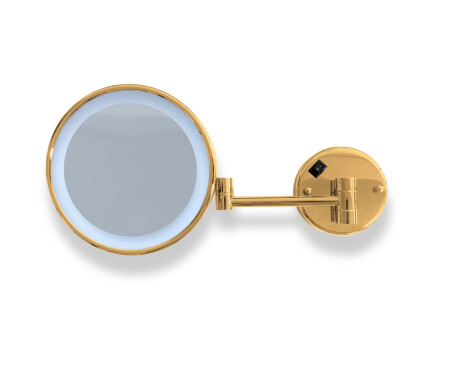 Espelho de maquilhagem com ampliação de 3x, redondo, com iluminação LED de cor neutra, inclinável, braço duplo articulado / dourado brilhante