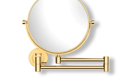 Espelho de maquilhagem simples / ampliação 3x, redondo, inclinável, com braço duplo articulado / dourado brilhante