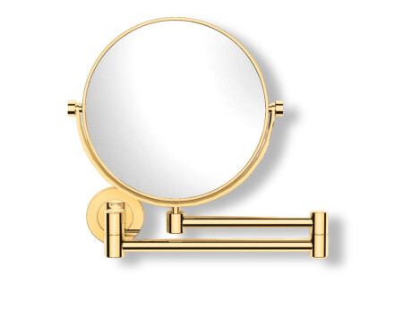Espelho de maquilhagem simples / ampliação 3x, redondo, inclinável, com braço duplo articulado / dourado brilhante