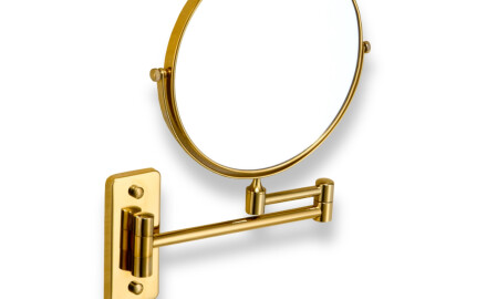 Espelho de maquilhagem simples / ampliação 3x, redondo, inclinável, com braço duplo articulado / dourado brilhante