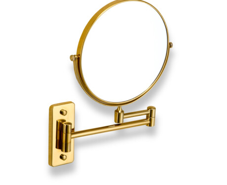 Espelho de maquilhagem simples / ampliação 3x, redondo, inclinável, com braço duplo articulado / dourado brilhante