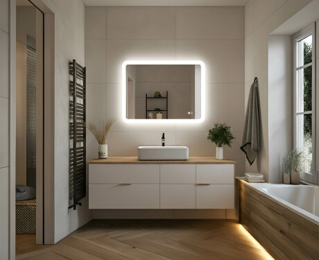 Espelho de banheiro arredondado com iluminação LED, bicolor, interruptor touch, tapete aquecedor