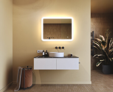 Espelho de banheiro arredondado com iluminação LED, bicolor, interruptor touch, tapete aquecedor #9