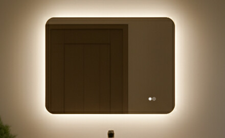 Espelho de banheiro arredondado com iluminação LED, bicolor, interruptor touch, tapete aquecedor